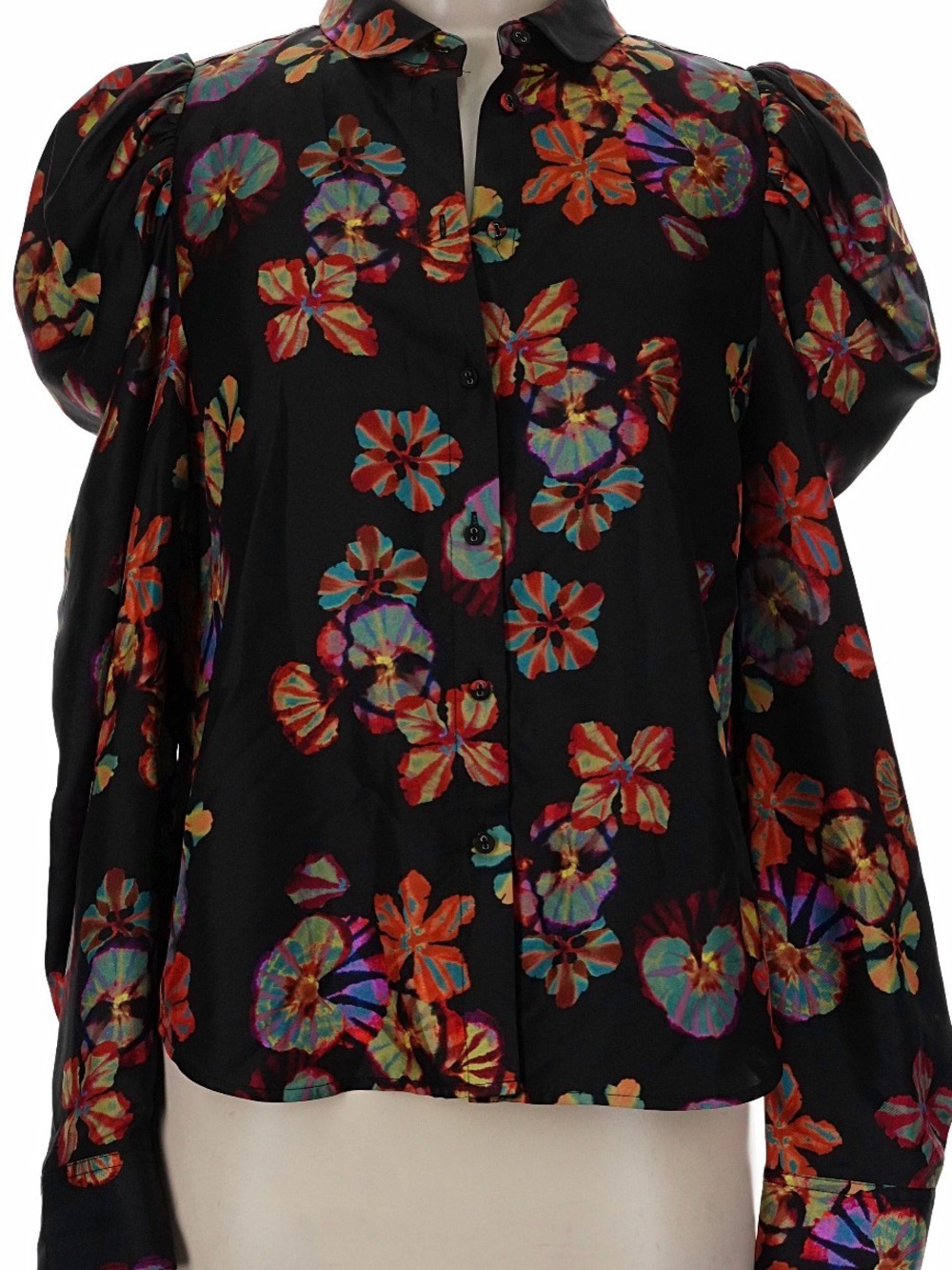 Ulla Johnson Black 100% Silk Puff Sleeve Blouse Botanical Floral Print Size 6 - Picture 3 of 10